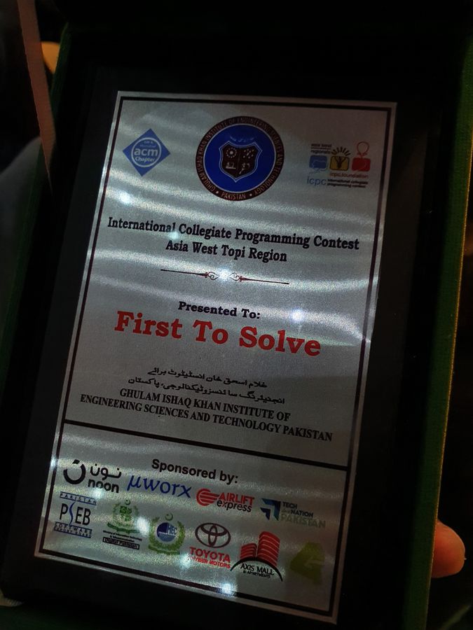 ICPC Asia West Topi Region First To Solve award plaque